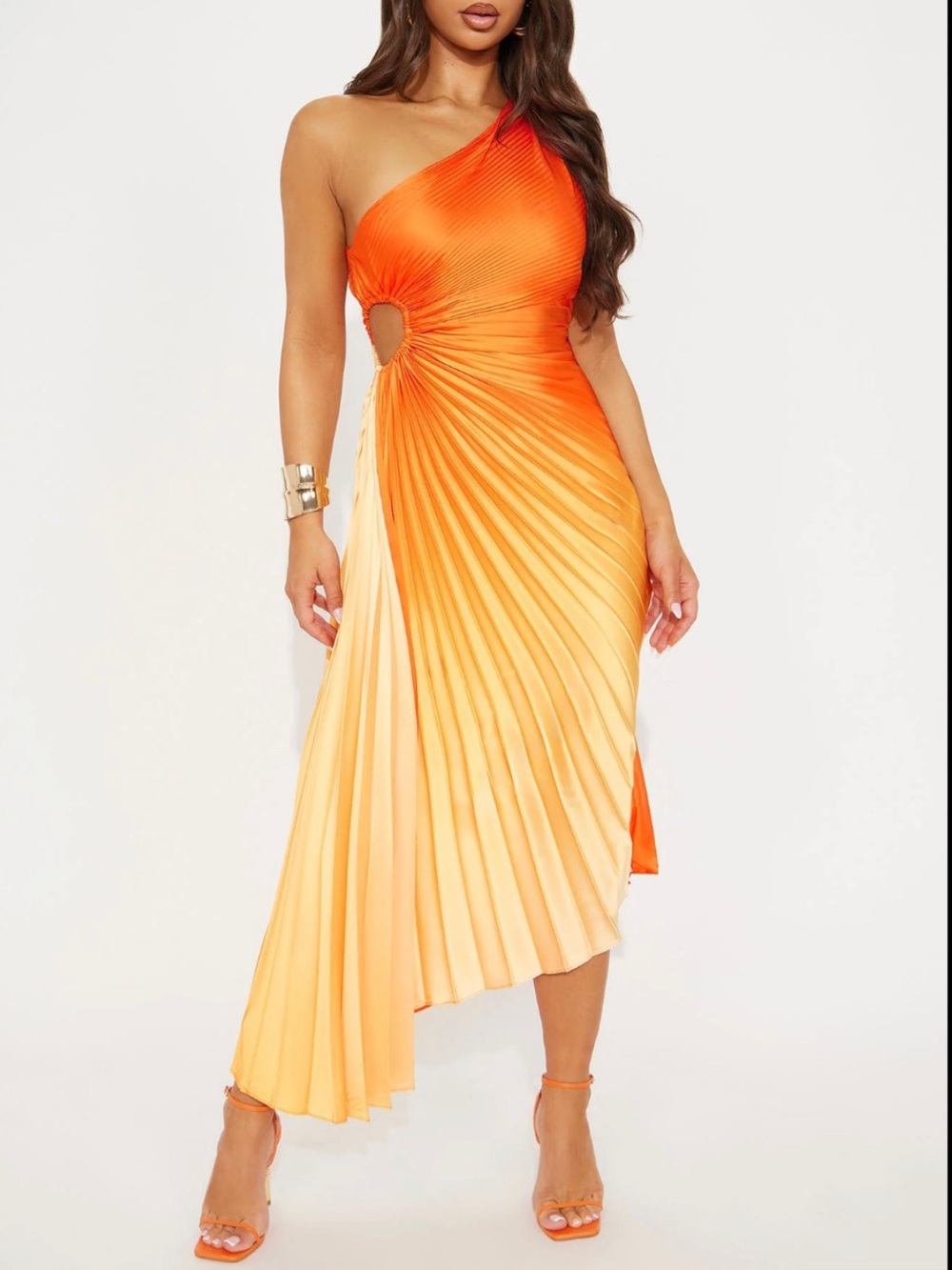 Fashion Nova “Tahiti” One-Shoulder Orange Ombre Pleated Maxi Dress